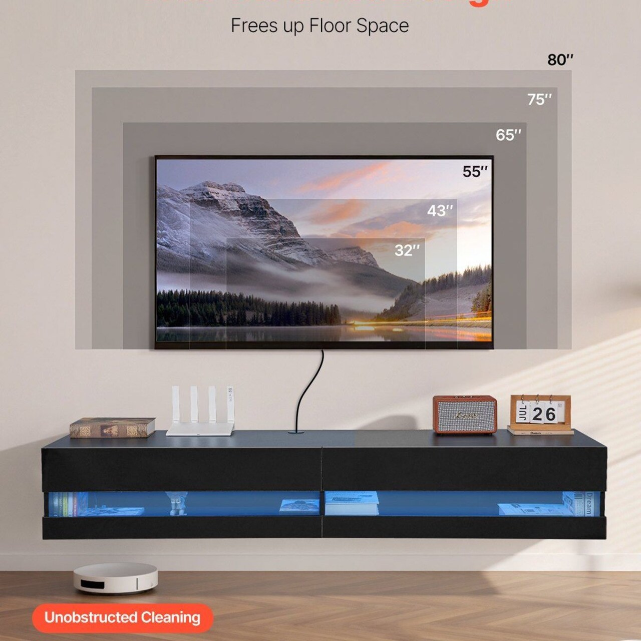 Edge Collections-71"-Black-Modern Floating TV Stand with Adjustable LED Lighting-1 Piece